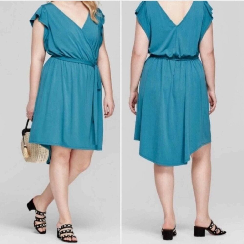 Ava & Viv Laguna Teal High-Low Dress with Tie Size 1X 16 Plus Sz Summer Stretch